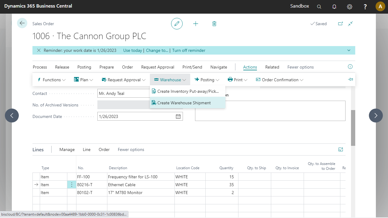 Create warehouse shipment