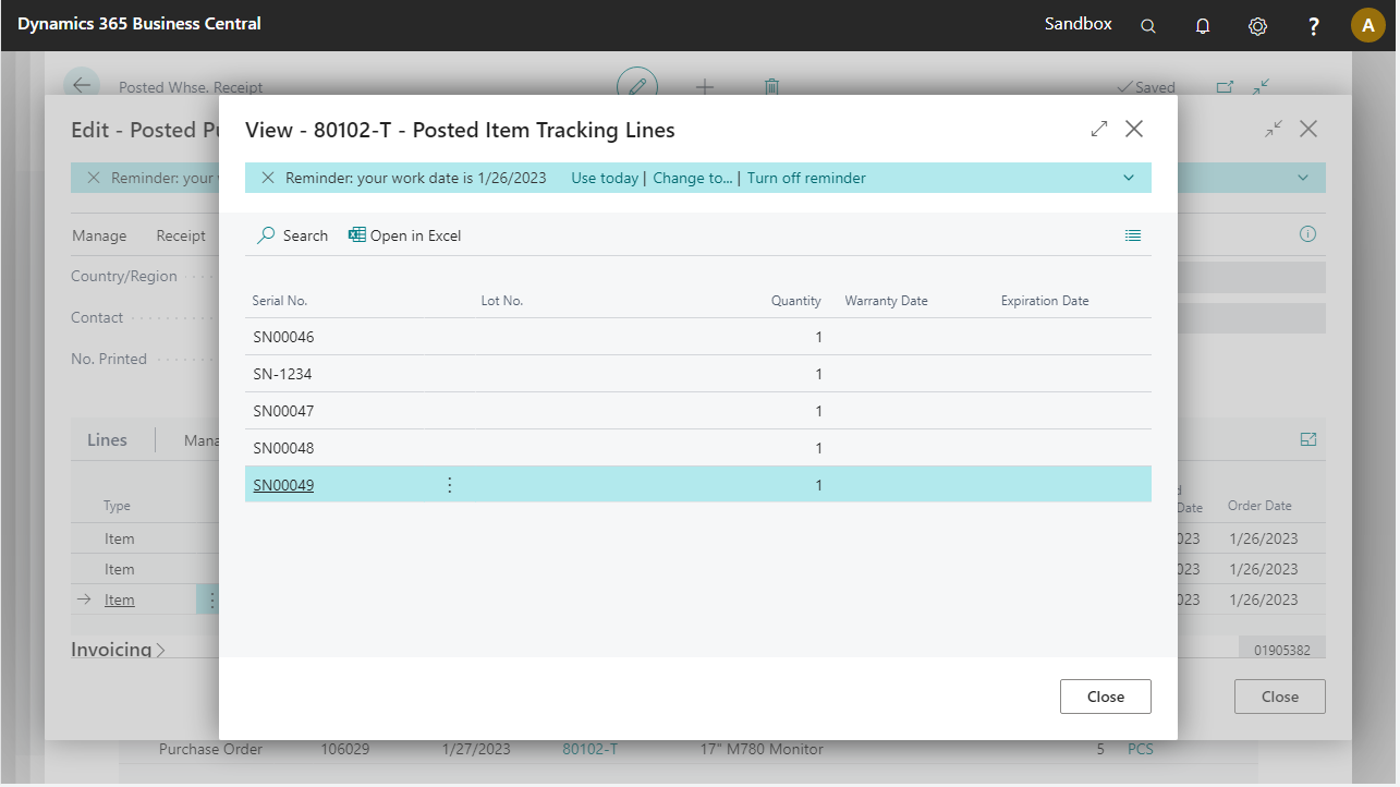 Posted Receipt Item Tracking Lines