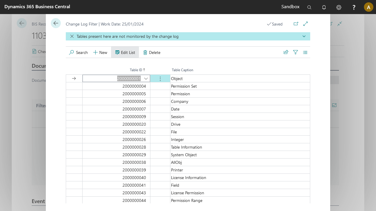 Change log filter list