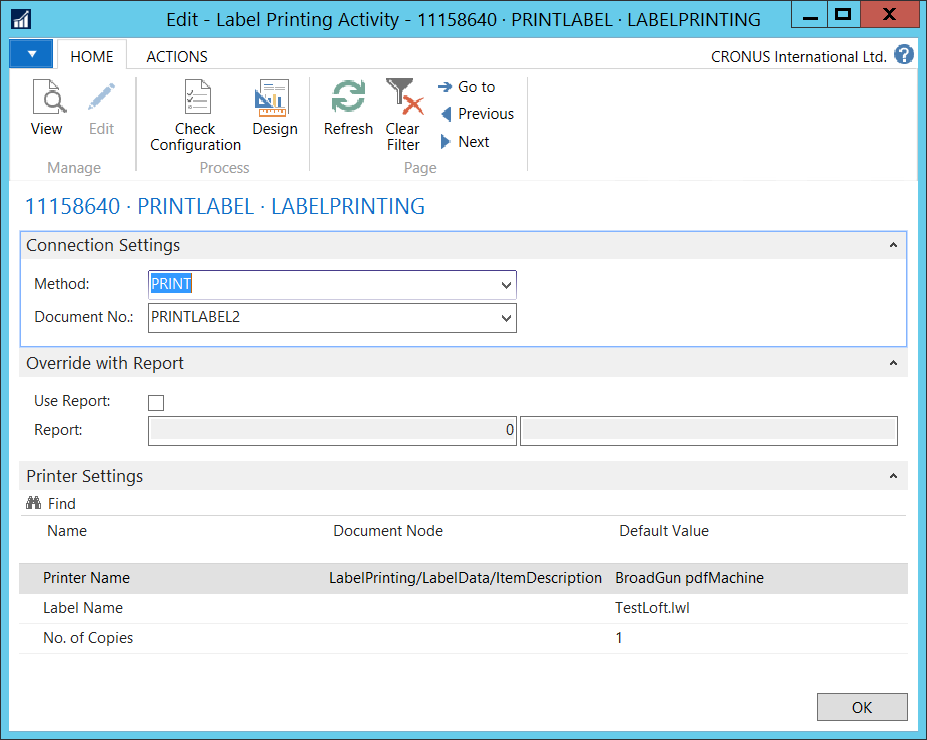 Print Label Activity Settings