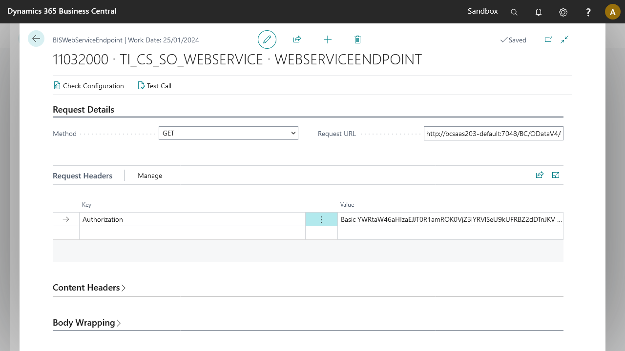 Webservice Endpoint Setup page on Headers Tab